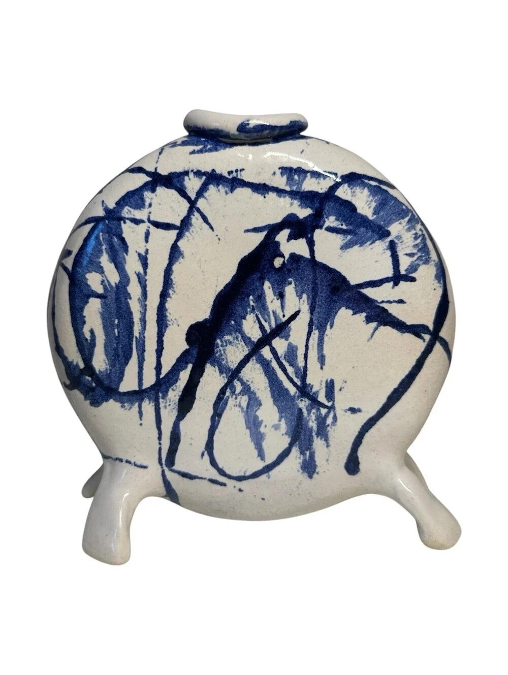 White Blue Splatter Unique Abstract Modern Skinny Round Ceramic Vase KP 2024